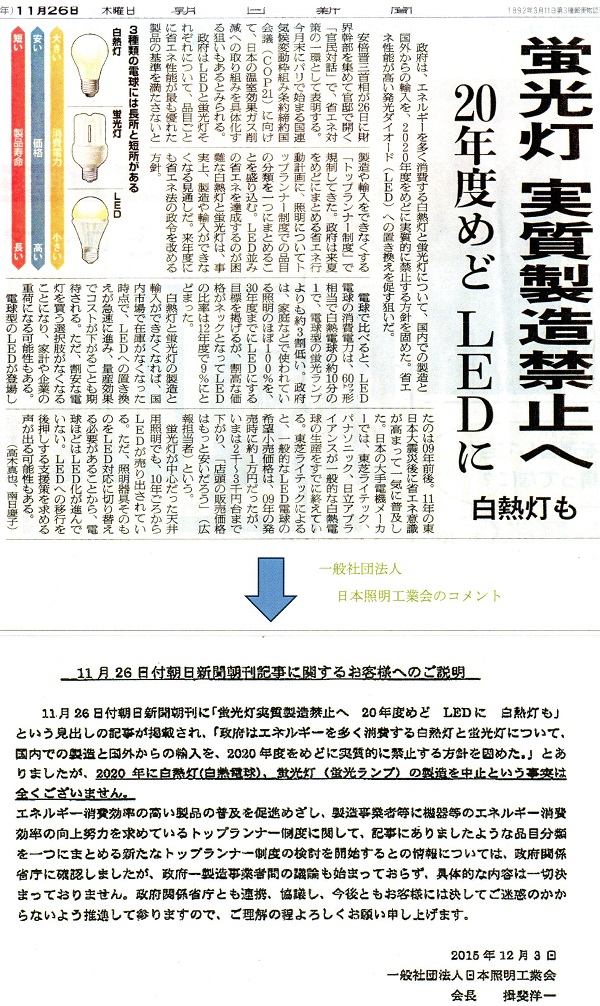 蛍光灯実質製造禁止へ（朝日新聞）